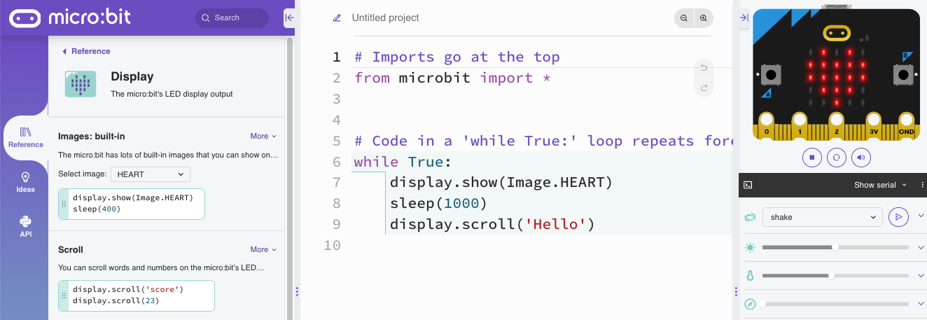 A screen shot of the micro:bit Python Editor showing its reference section, text editor and simulator.