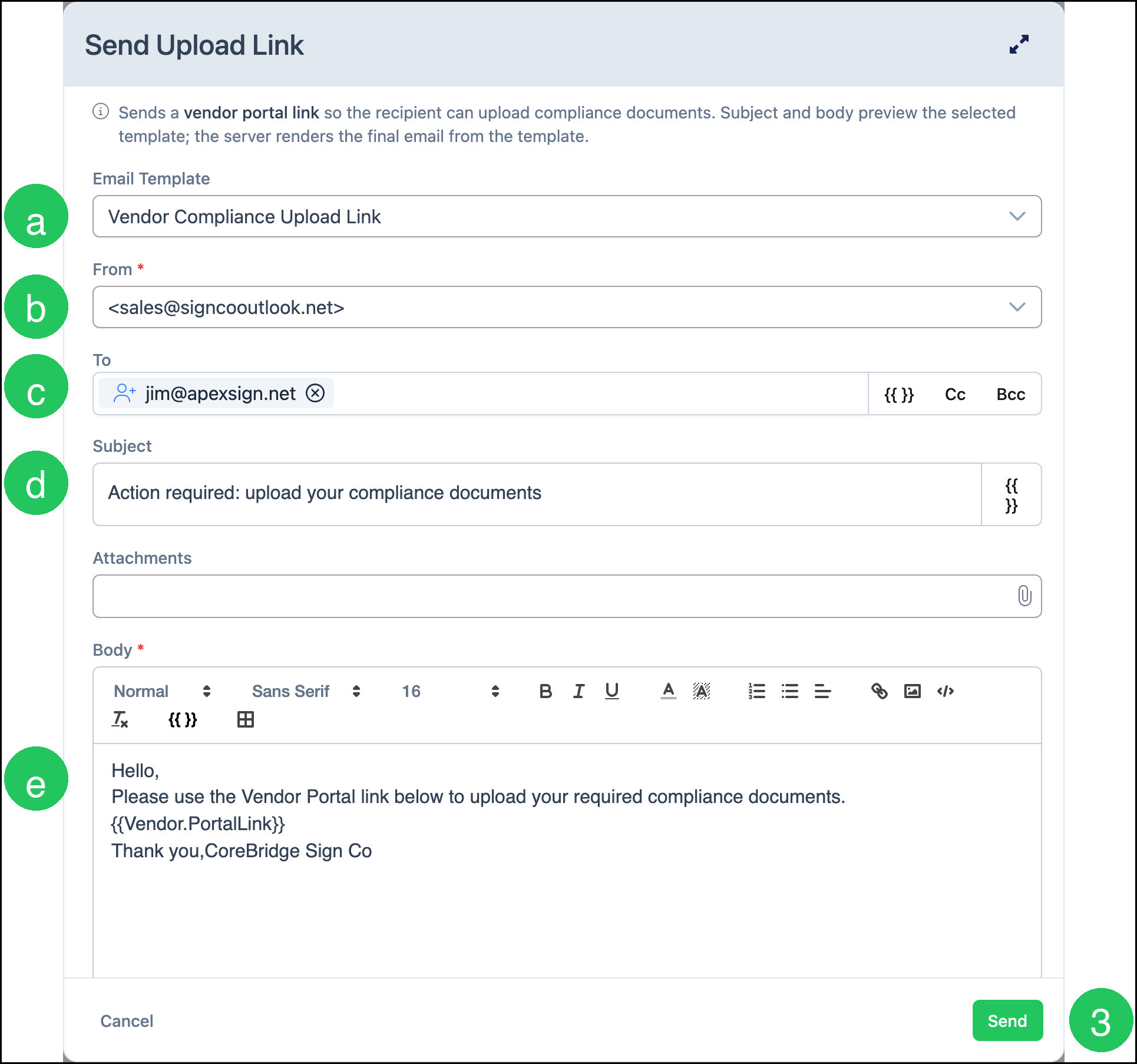 Send Upload Link dialog