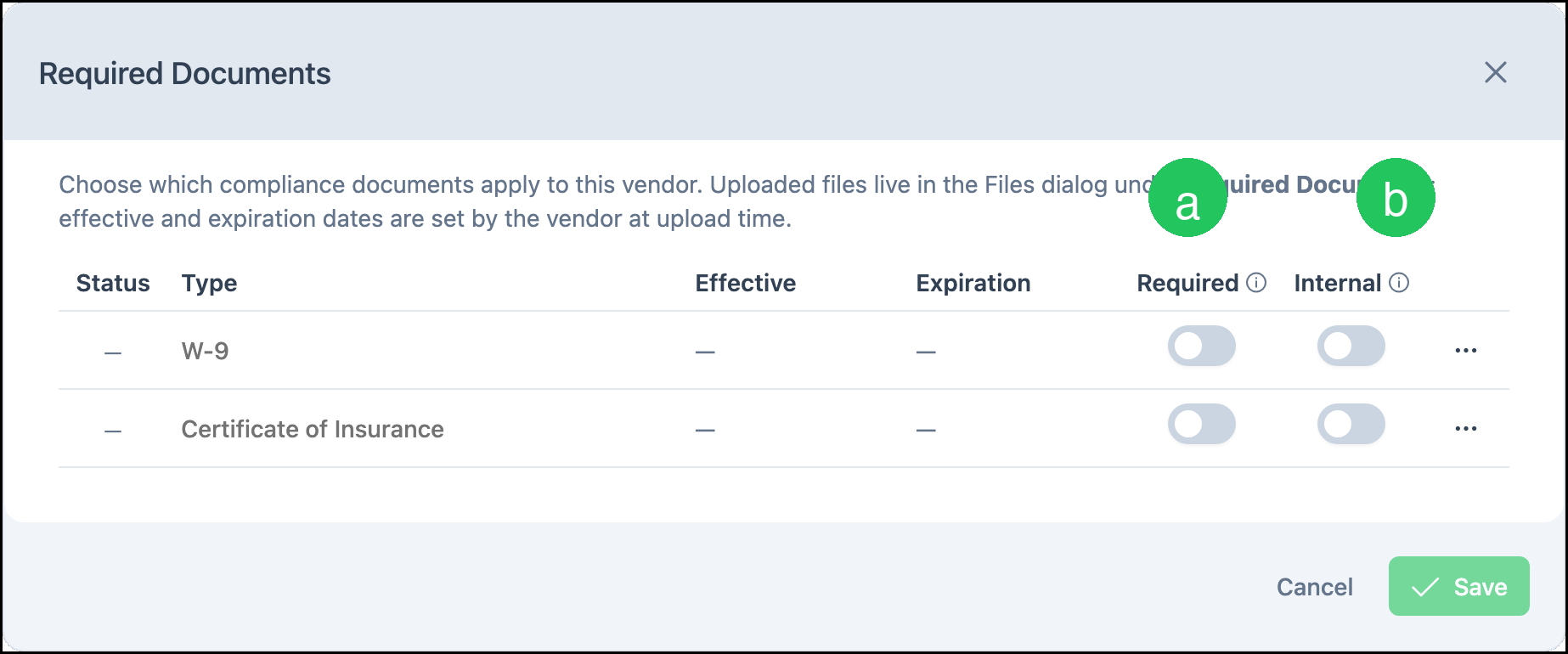 Required Documents dialog Internal setting