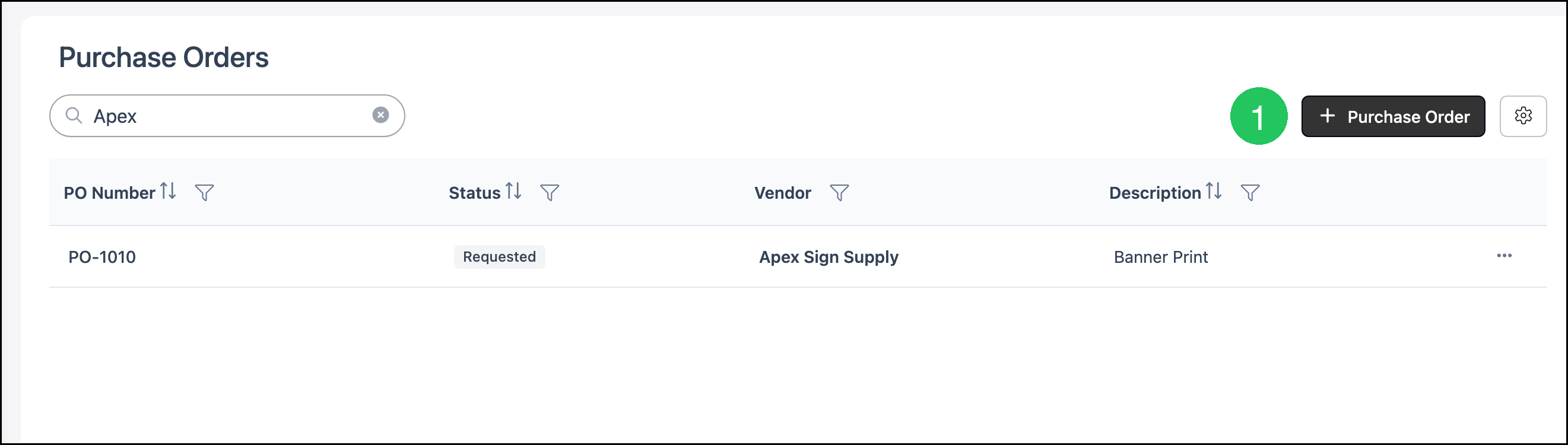 Purchase Orders list with Purchase Order button