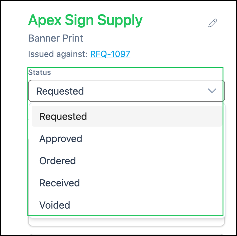Purchase Order Status dropdown