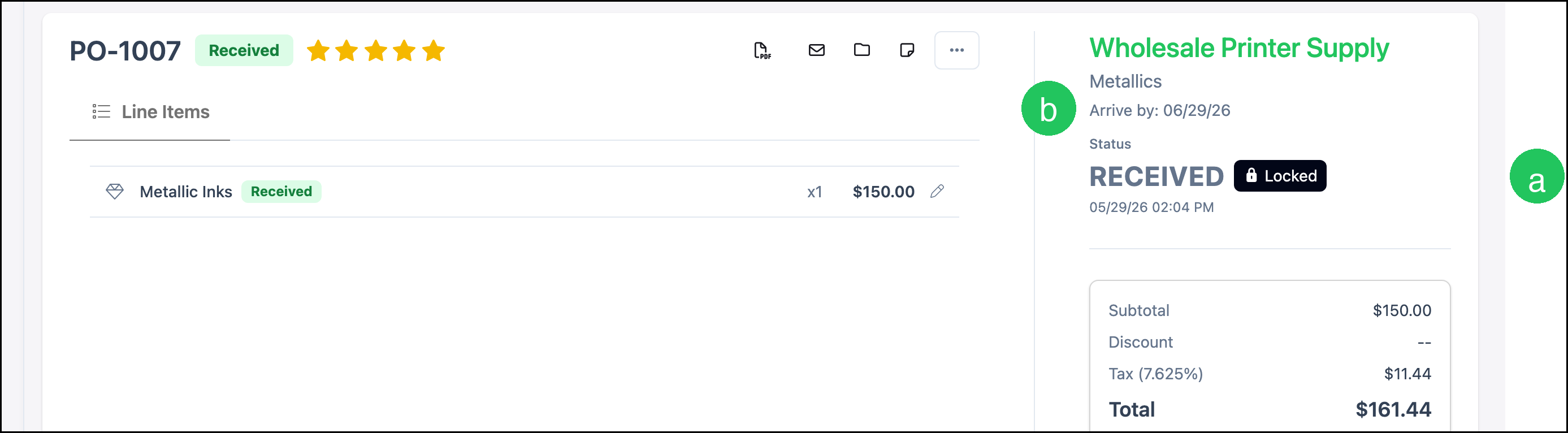 Received Purchase Order with Locked
