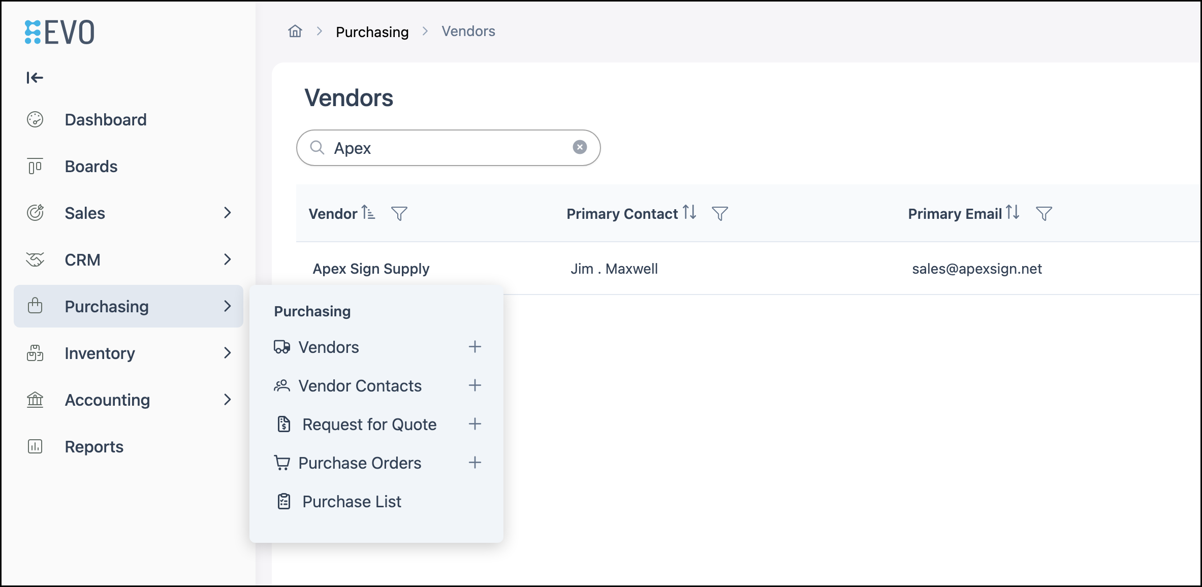 Purchasing Vendors navigation
