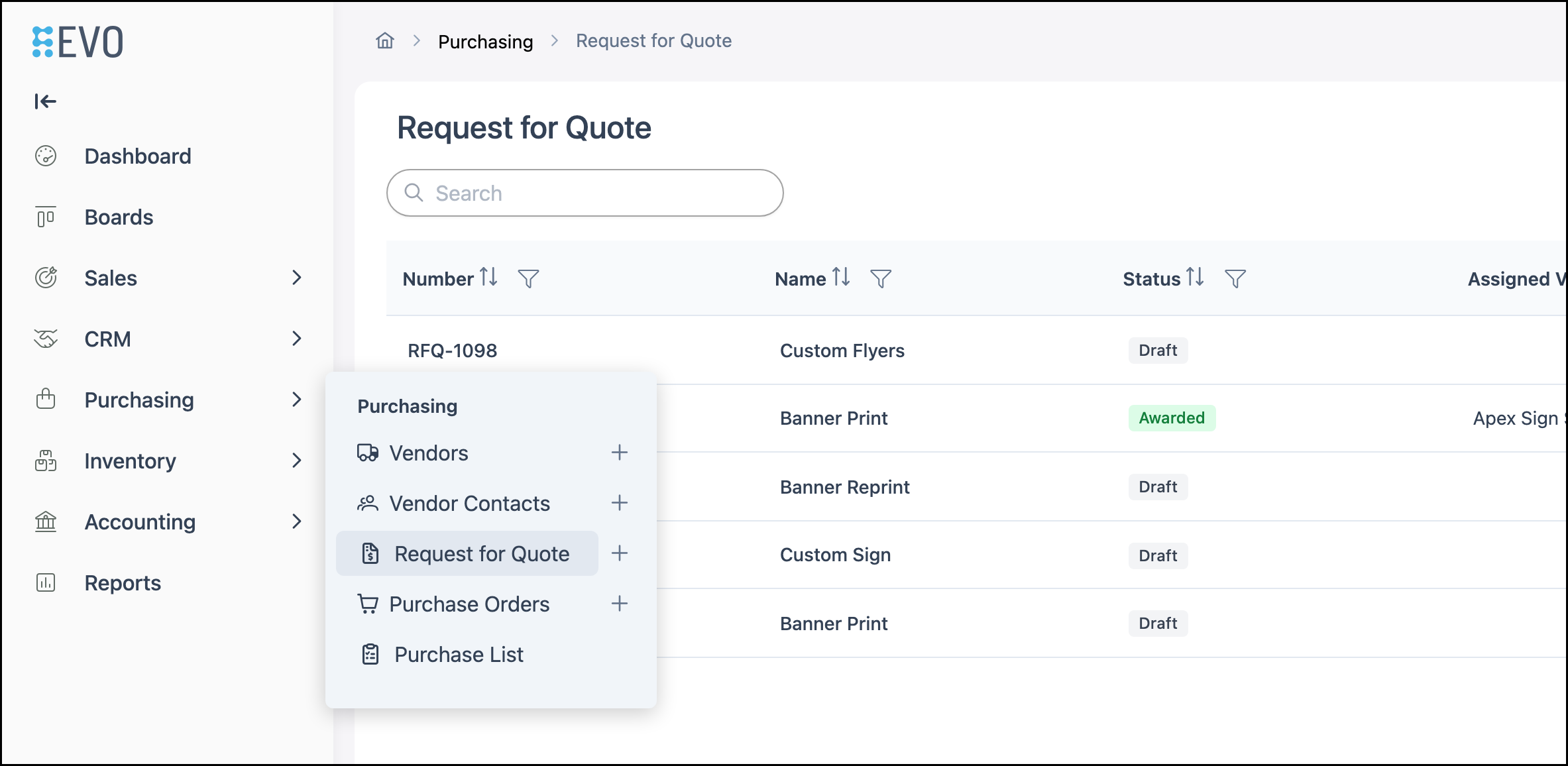 Purchasing Request for Quote navigation