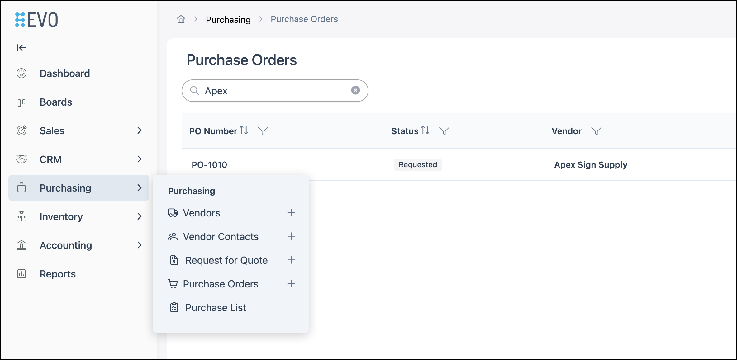 Purchasing Purchase Orders navigation