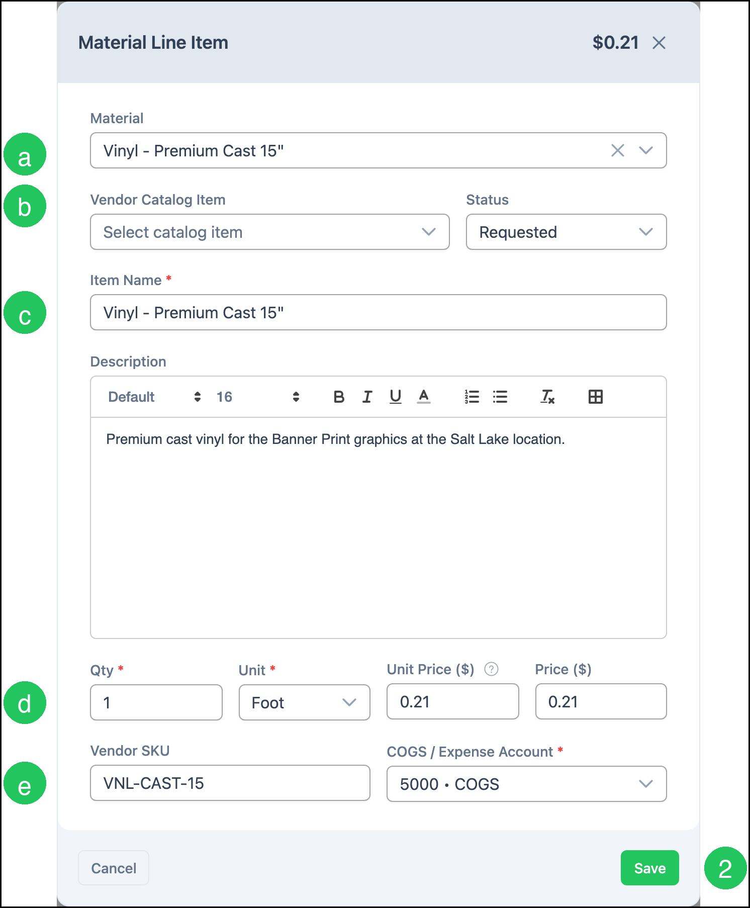 Material Line Item dialog