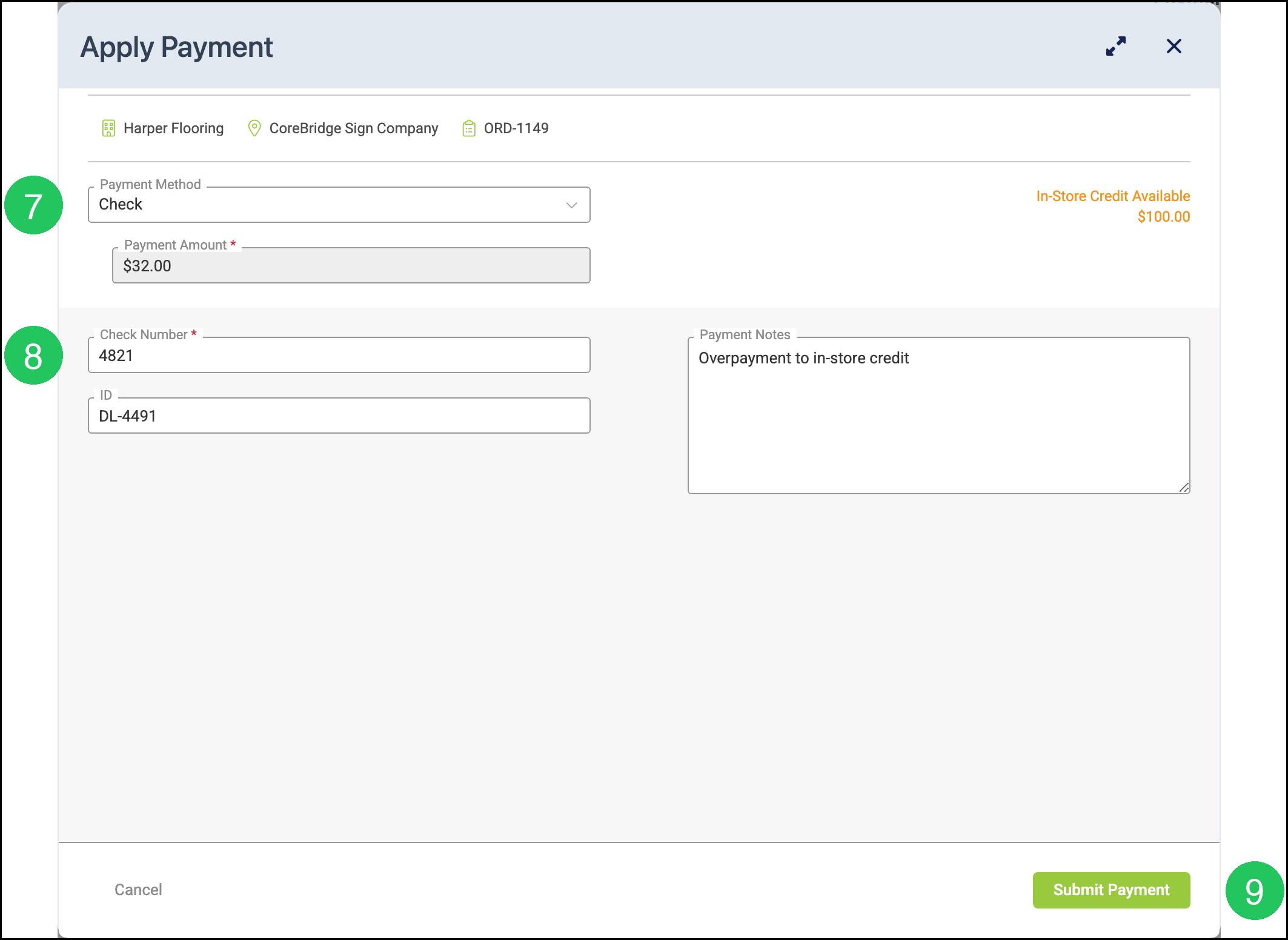 Apply Payment dialog with Payment Method, Check Number, and Submit Payment