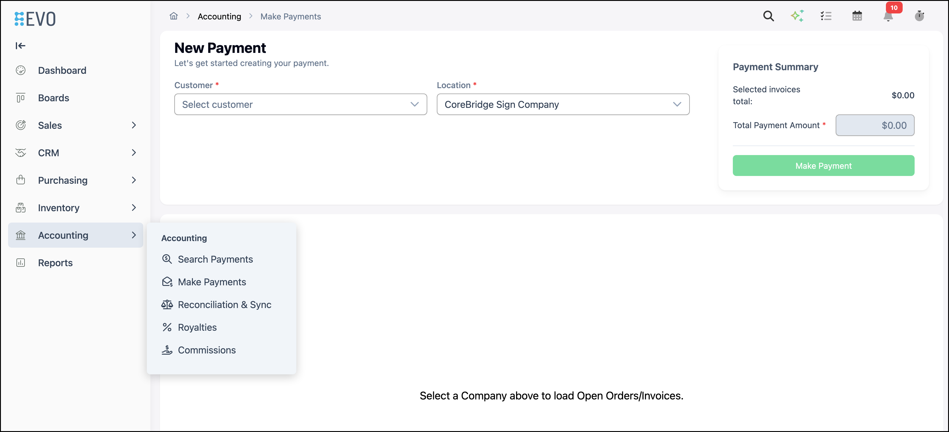 Accounting flyout with Make Payments selected, showing the New Payment page