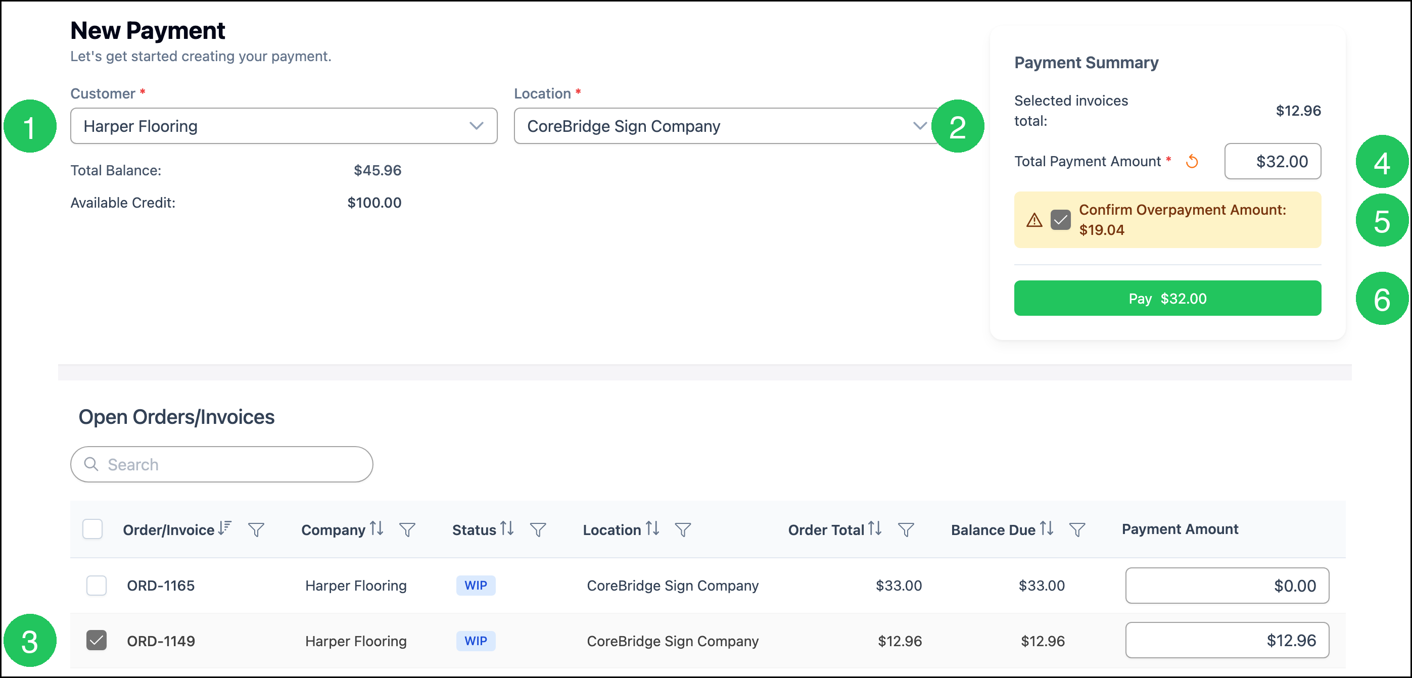 New Payment with customer, location, selected invoice, Total Payment Amount, Confirm Overpayment Amount, and Pay