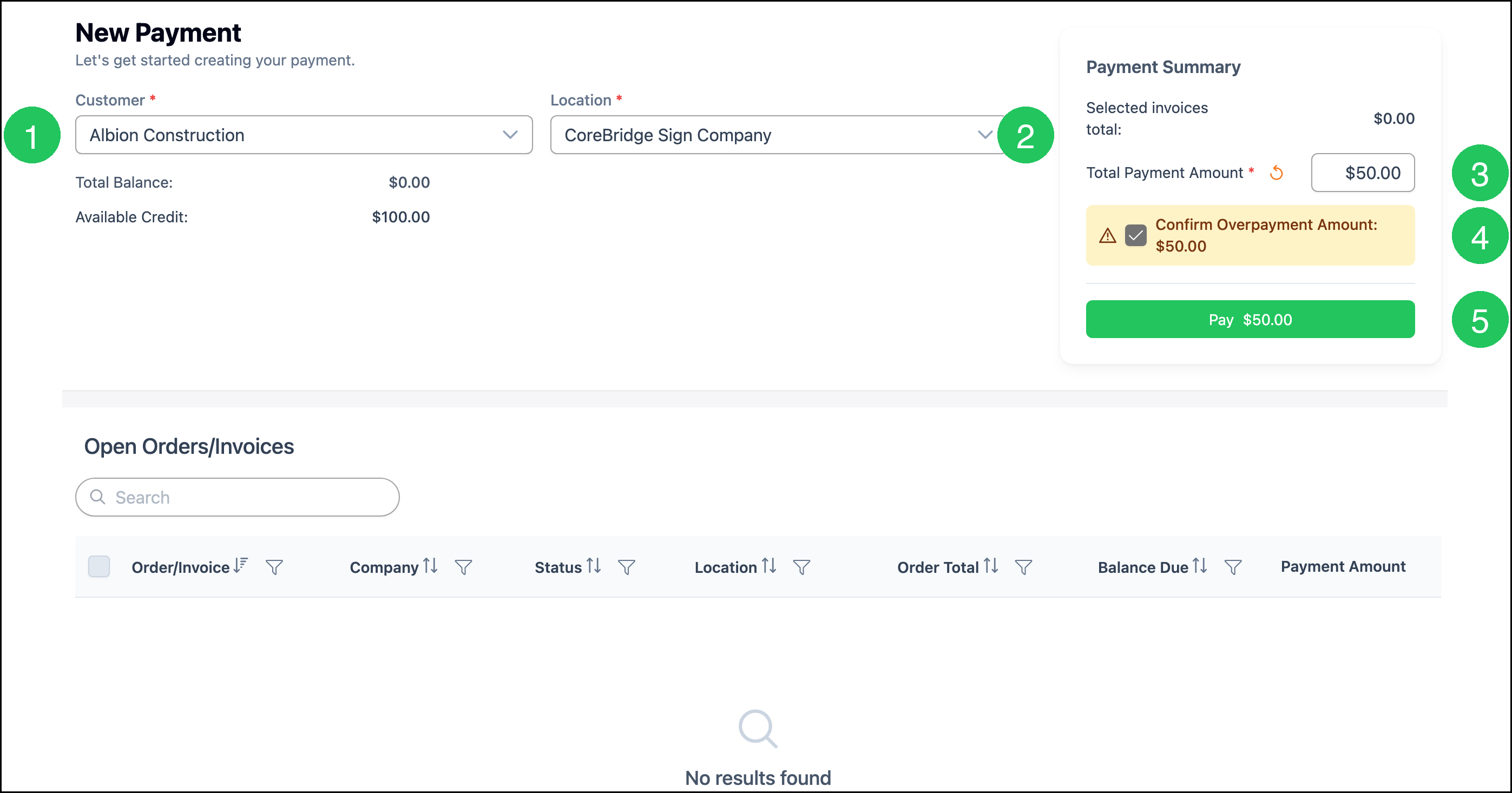 New Payment with no invoices selected, Total Payment Amount, Confirm Overpayment Amount, and Pay