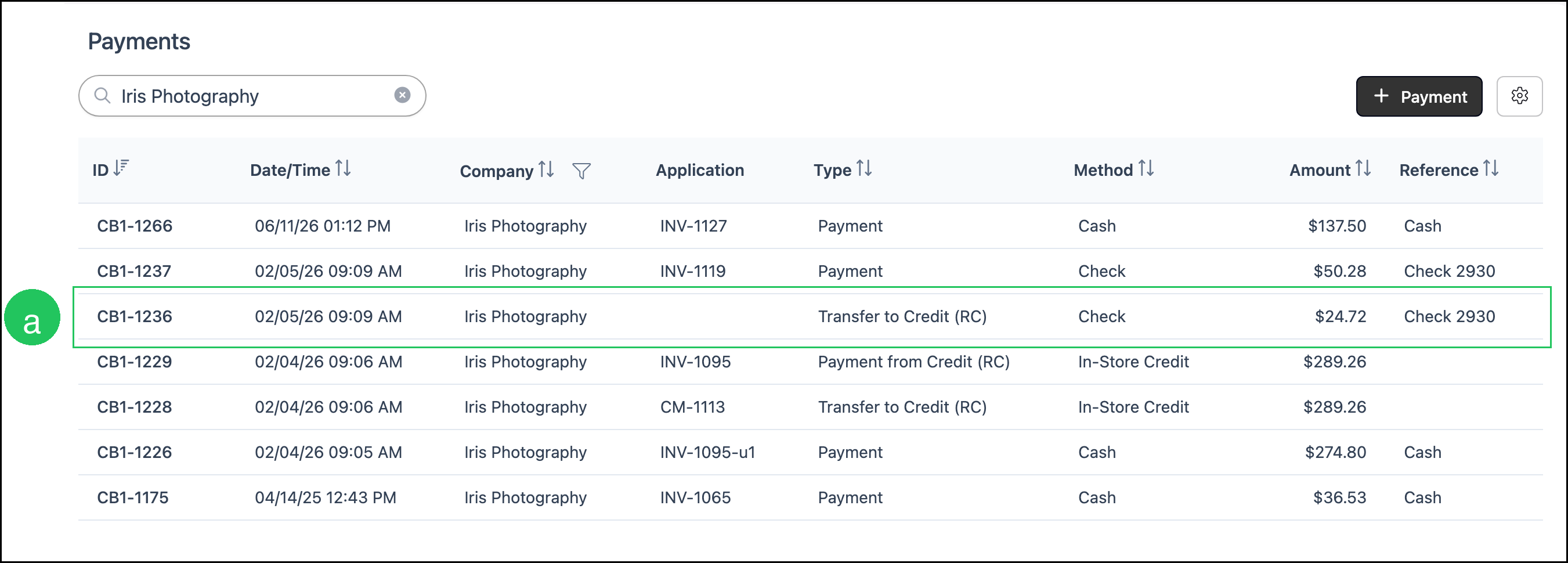Search Payments list with Transfer to Credit (RC) highlighted