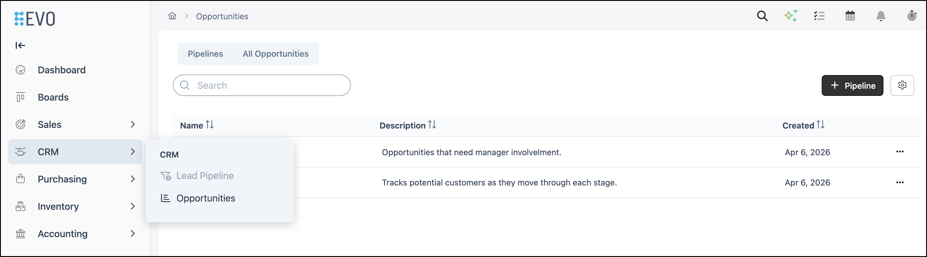 CRM flyout with Opportunities selected