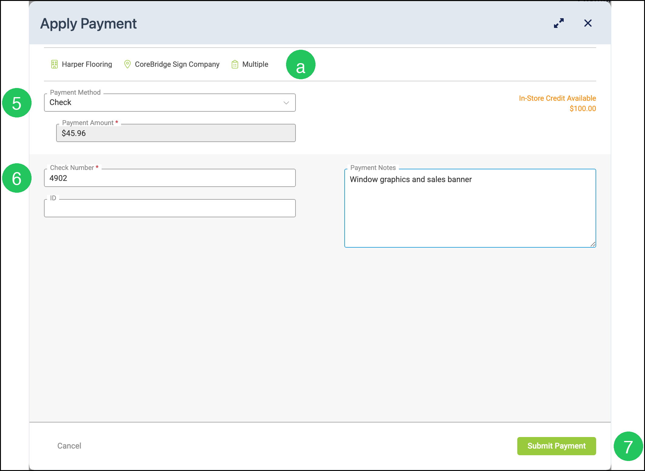 Apply Payment dialog showing Multiple, Payment Method Check, Check Number, and Submit Payment