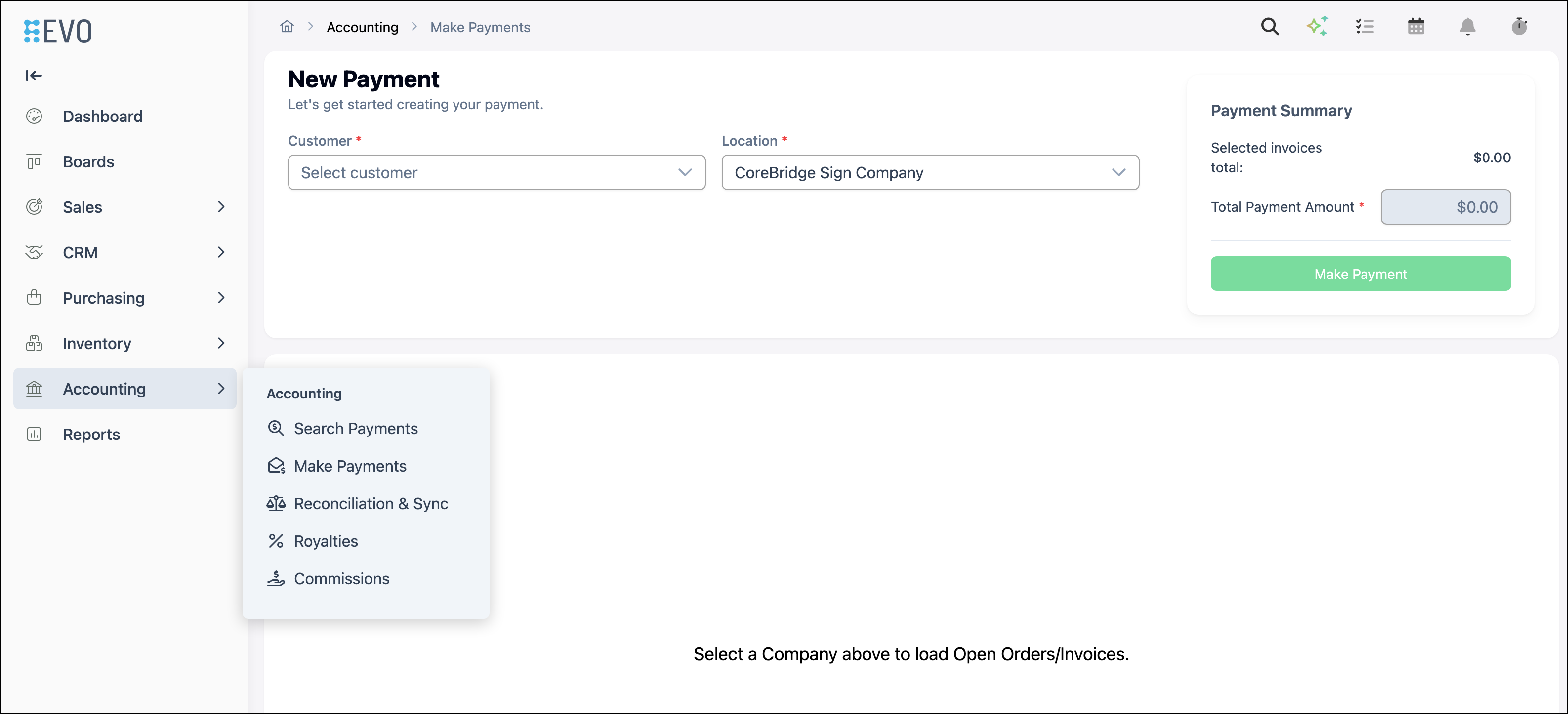 Accounting flyout with Make Payments selected, showing the New Payment screen