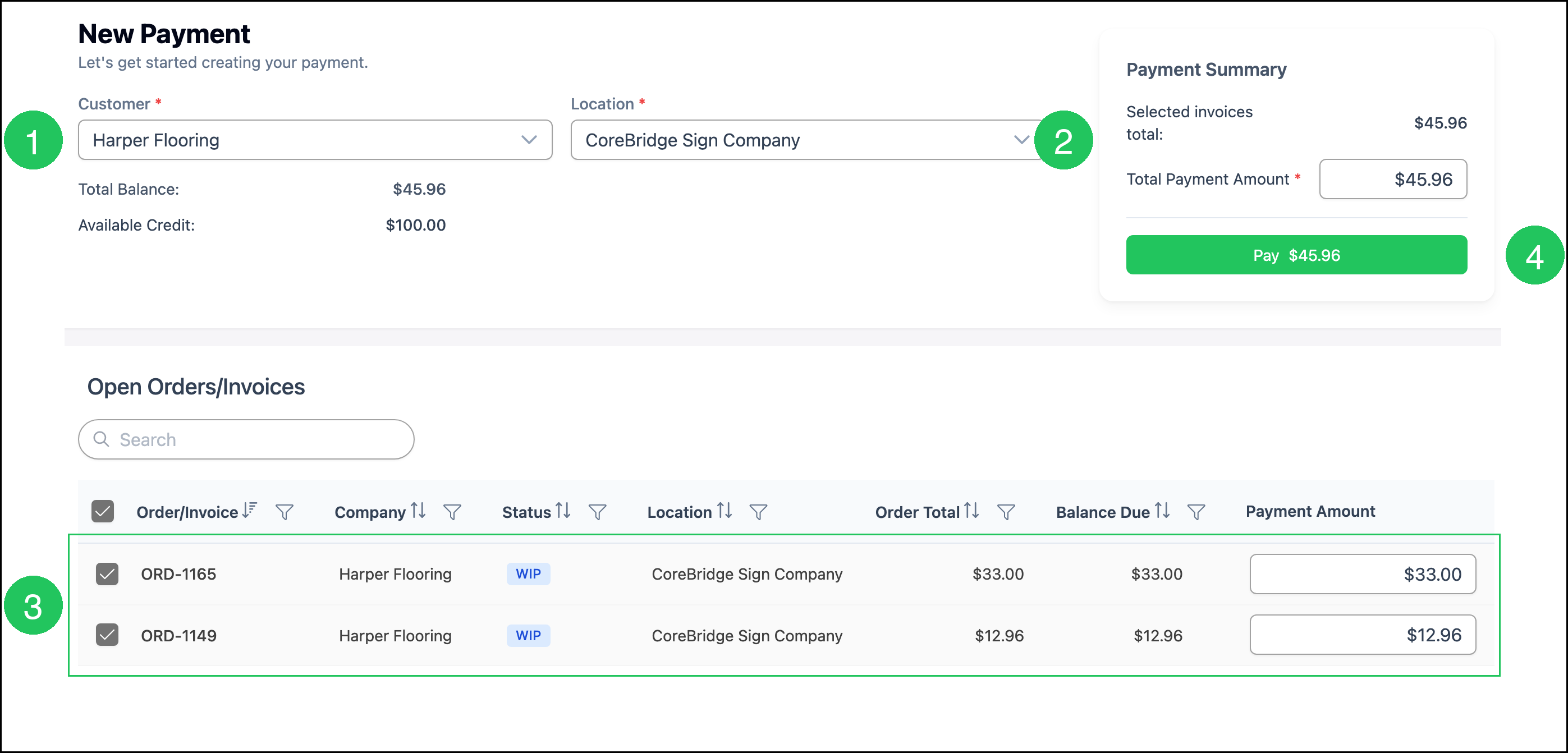 New Payment with customer, location, two selected invoices, and Pay