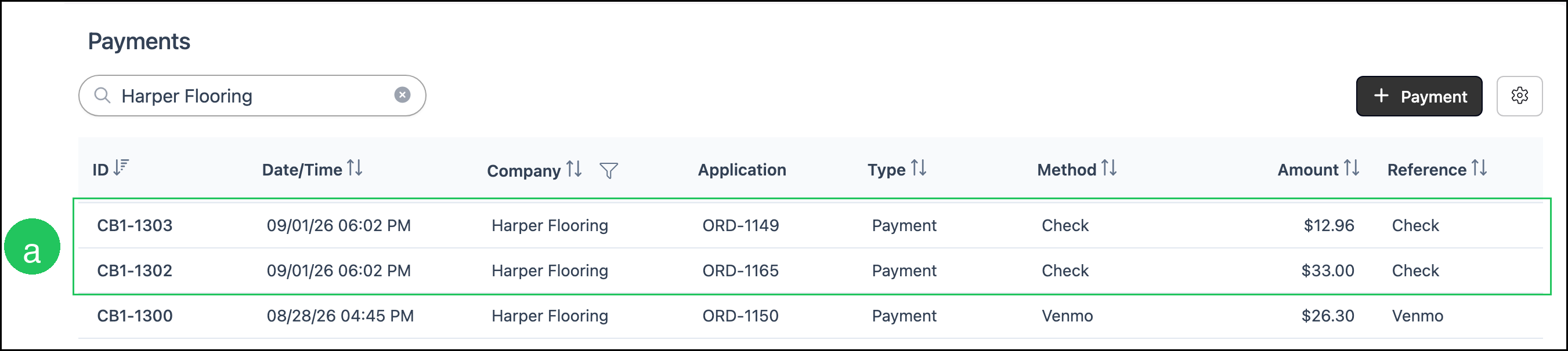 Search Payments list with two Check rows for the same date and time applied to different orders