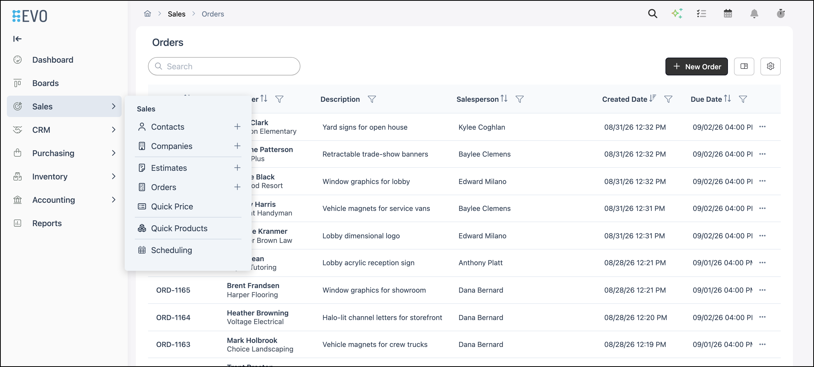 Sales flyout open on Orders, with the Orders list and page title
