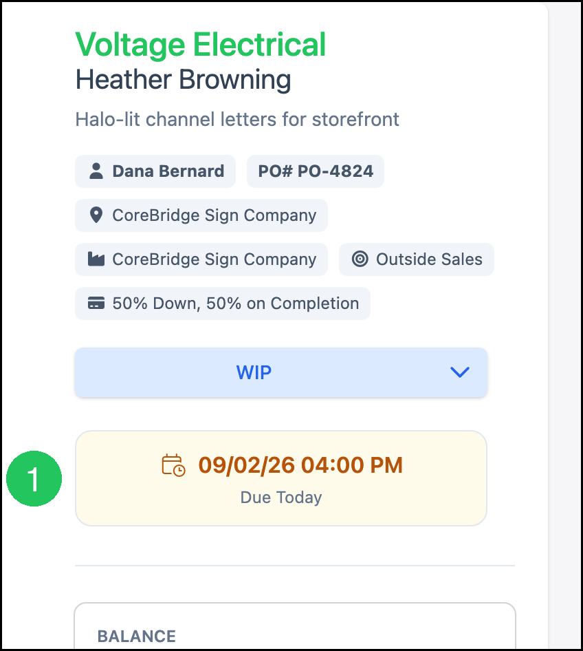 Order details panel with badge 1 on the date card