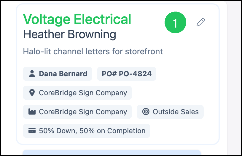 Order details panel with badge 1 on the edit pencil icon