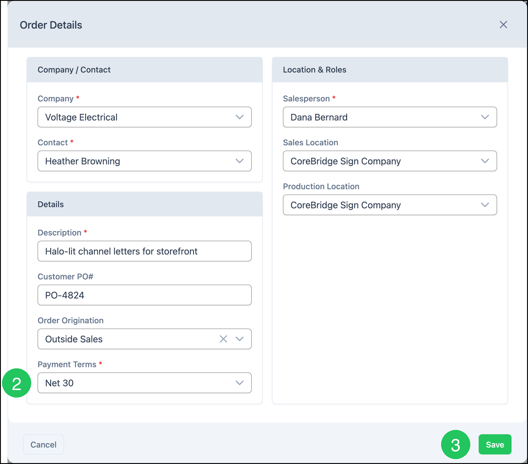 Order Details dialog with badge 2 on Payment Terms and badge 3 on Save