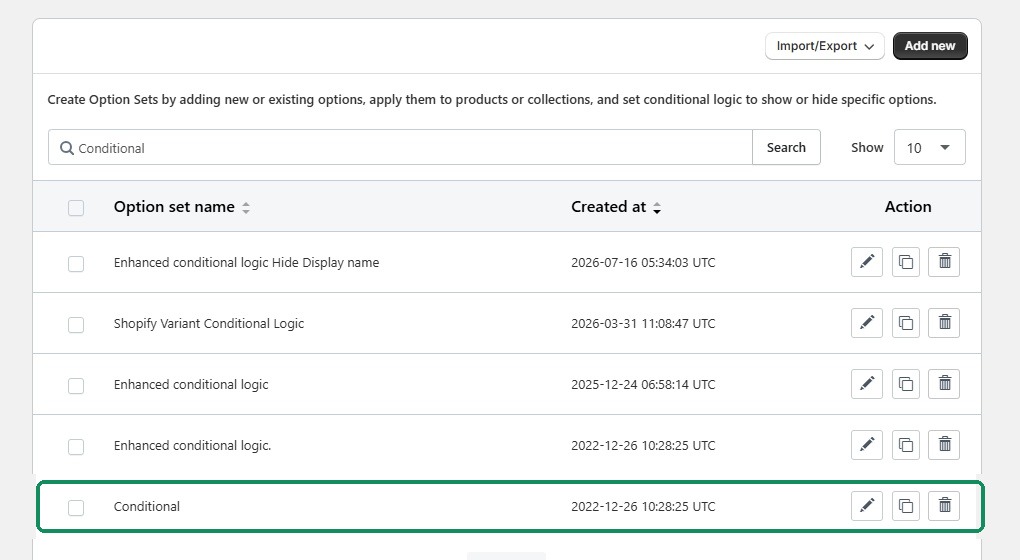 Option sets list filtered to Conditional