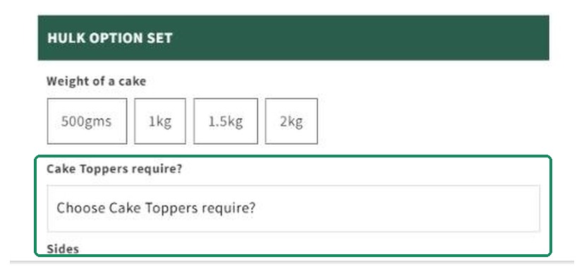 Product page before answering, with no Cake Topper and no Select Sides