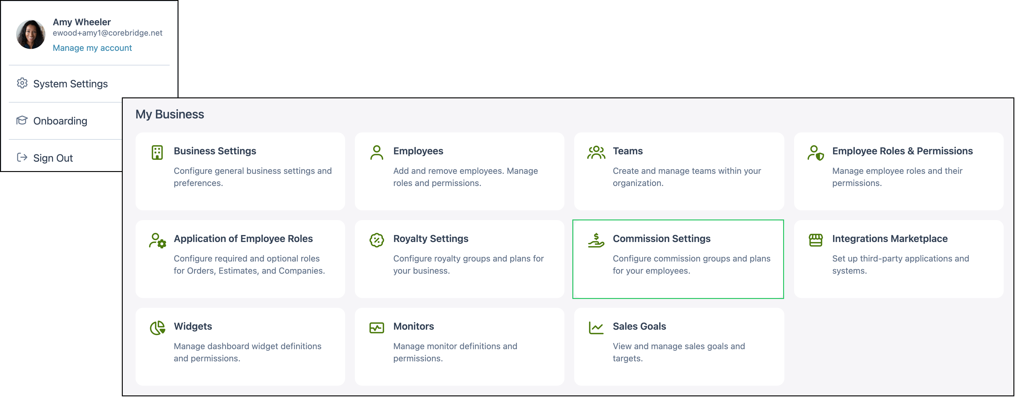 Account menu and My Business settings with a green rectangle on the Commission Settings card