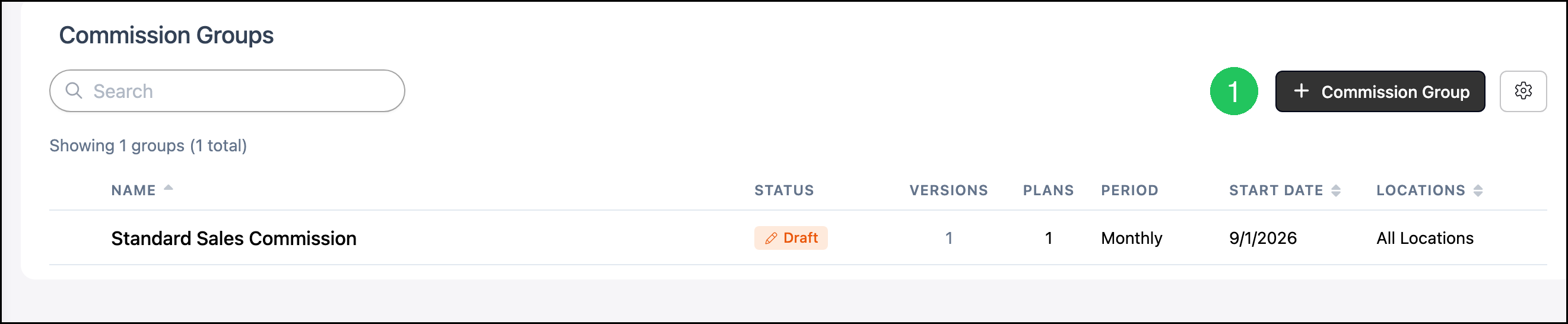 Commission Groups list with badge 1 on the + Commission Group button