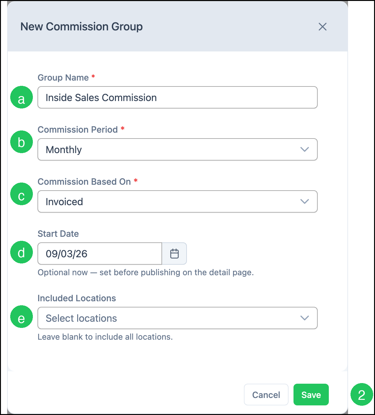 New Commission Group dialog with letters a through e on the fields and badge 2 on Save