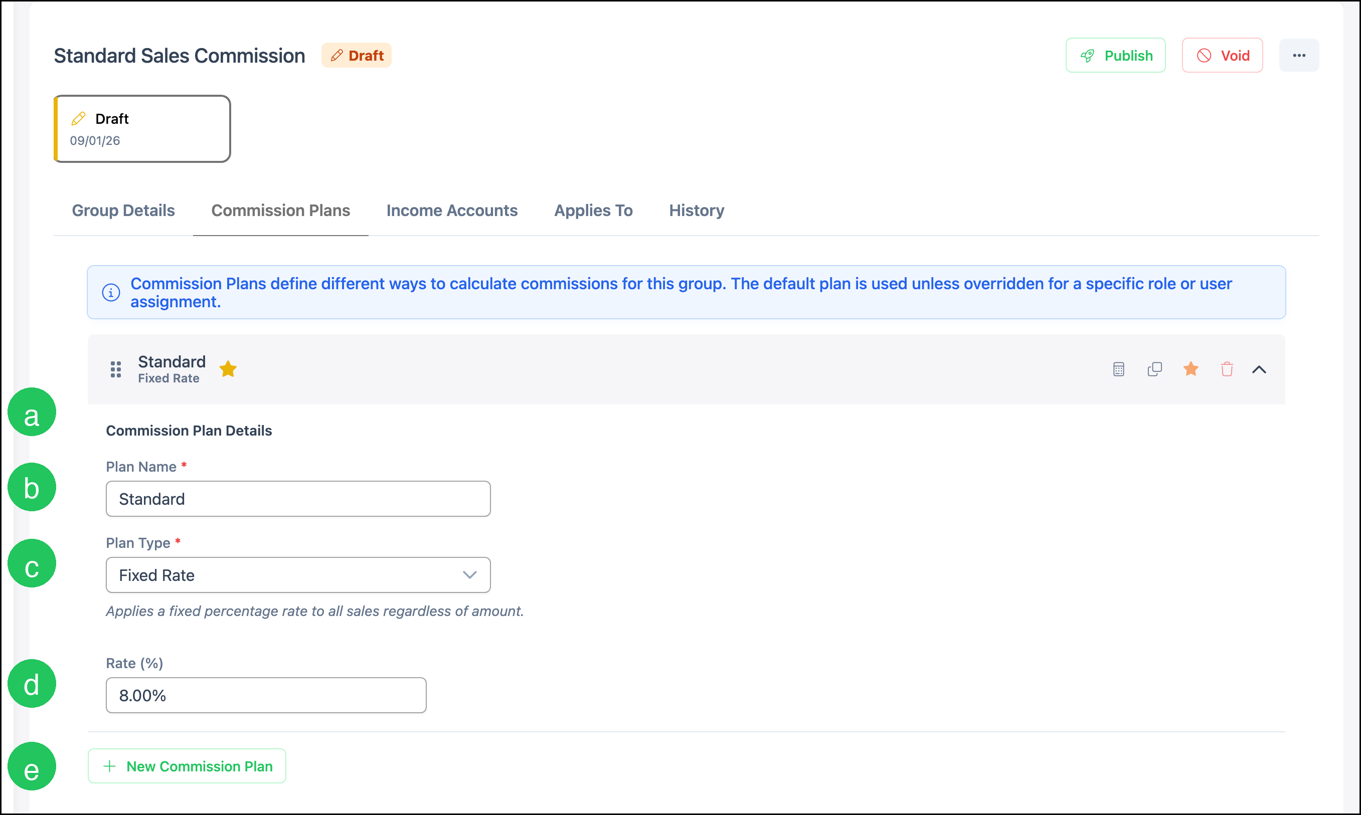 Commission Plans tab with letters a through e on plan details and New Commission Plan