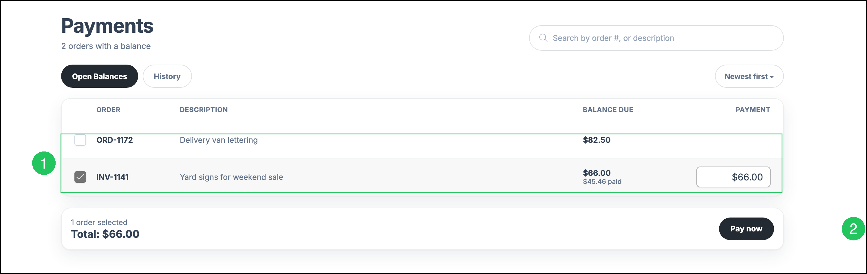 Select an open balance and Pay now in the Customer Portal