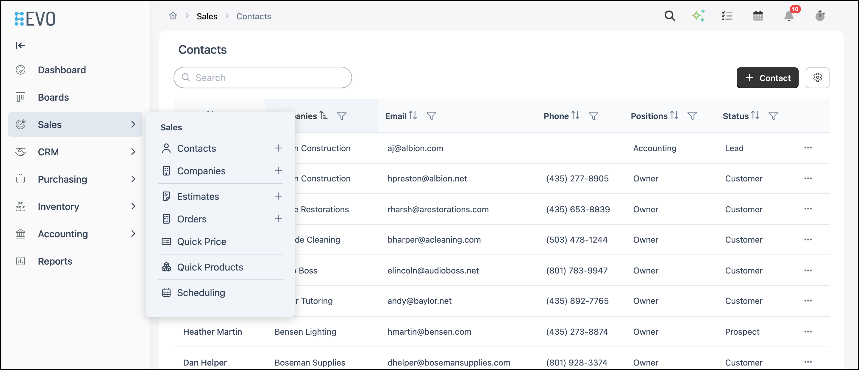 Sales Contacts navigation in CoreBridge EVO