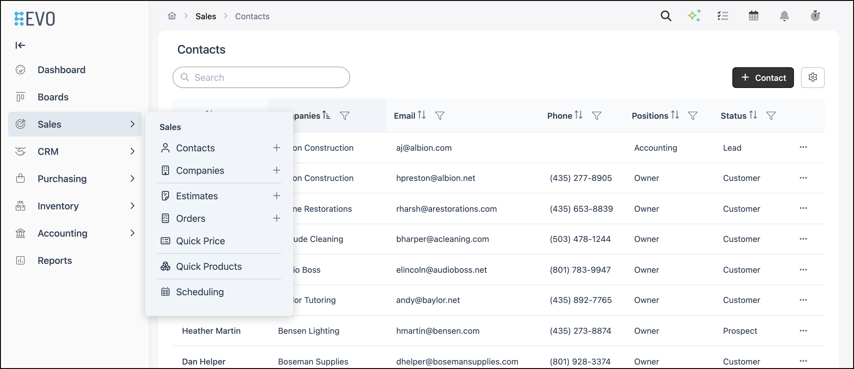 Sales Contacts navigation in CoreBridge EVO