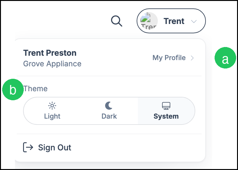 Customer Portal profile and Theme menu