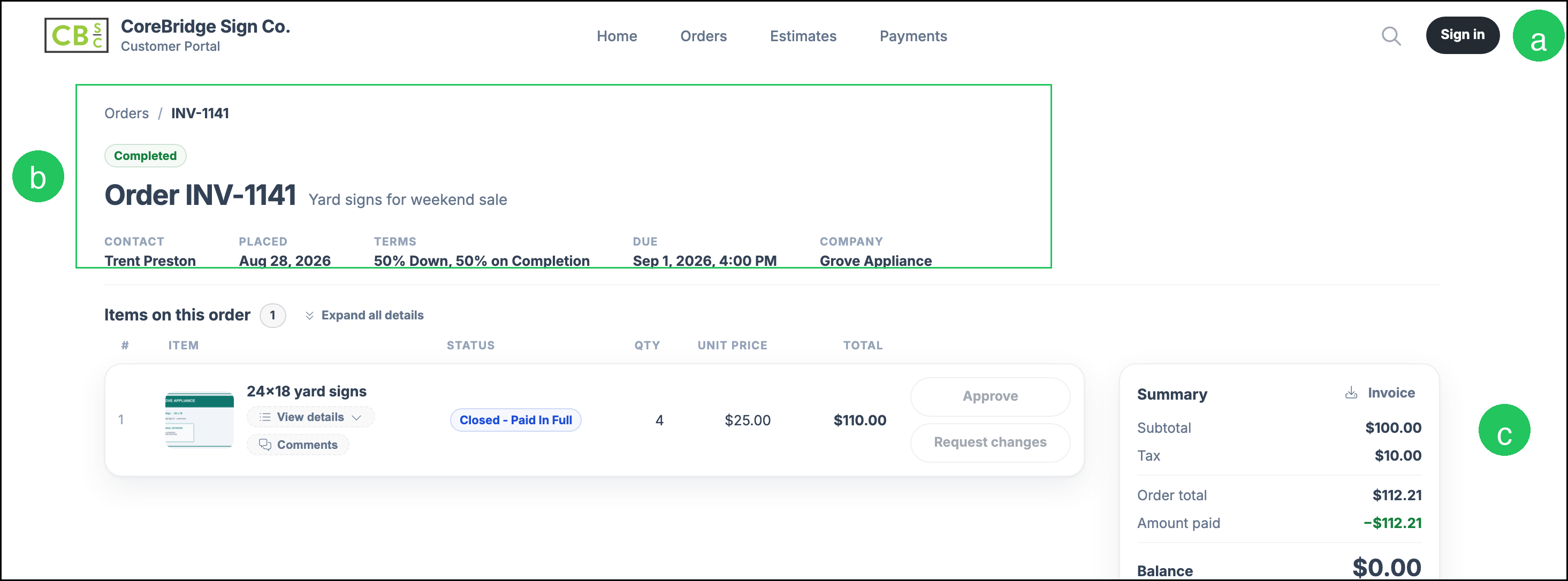 Customer Portal Link view of an Order