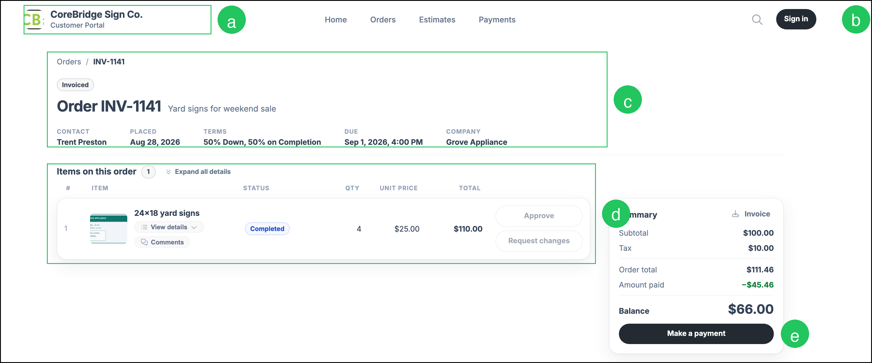 Customer Portal shared link for an Order