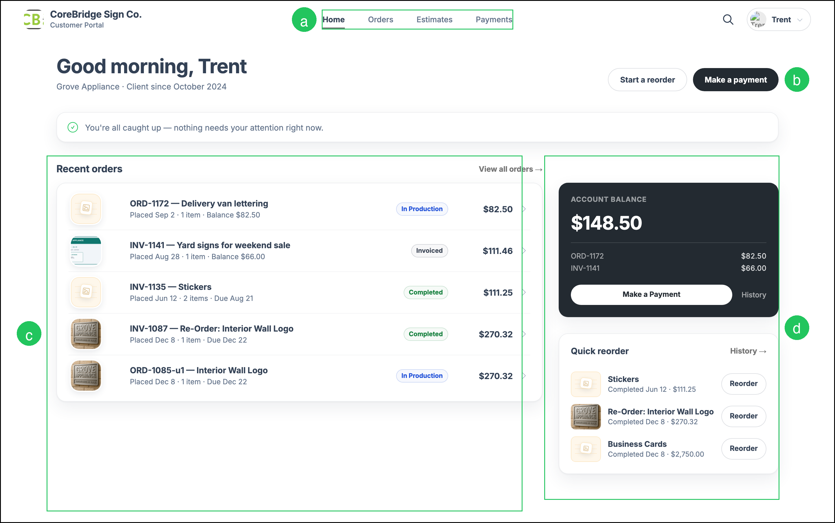 Customer Portal Home after signing in