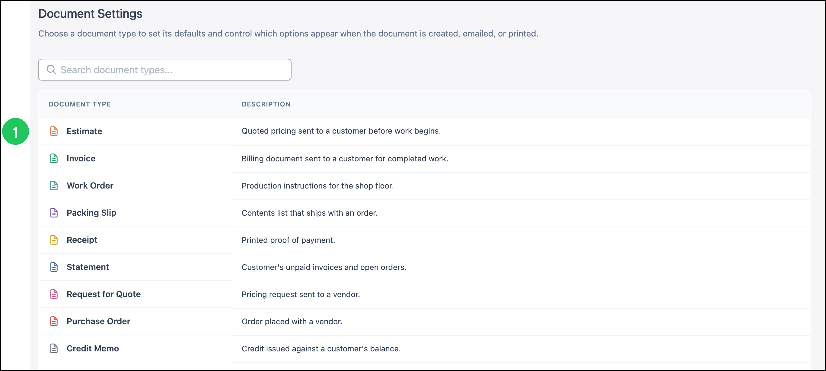Document Settings list with badge 1 on Estimate