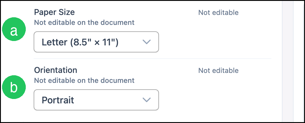Page settings with letter badges on Paper Size and Orientation