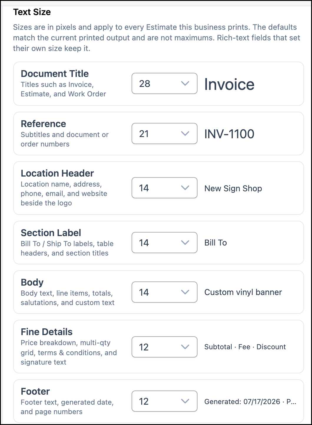Text Size settings for each role on the document