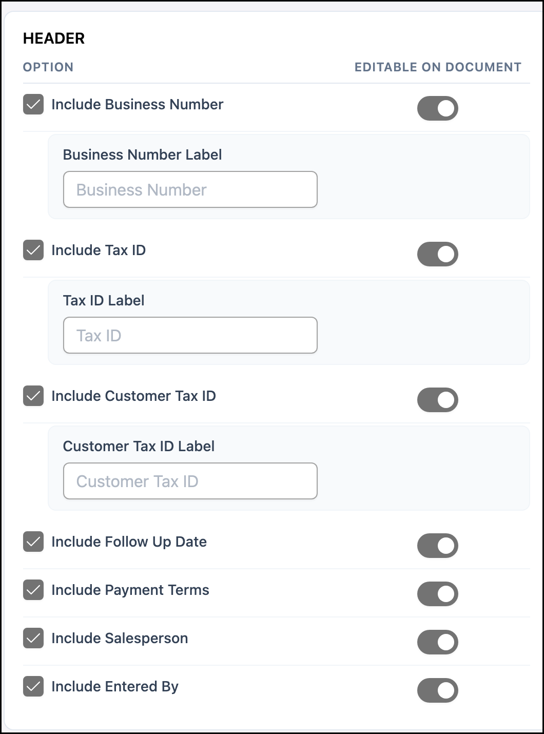 Layout Header group with Include options and Editable on Document toggles
