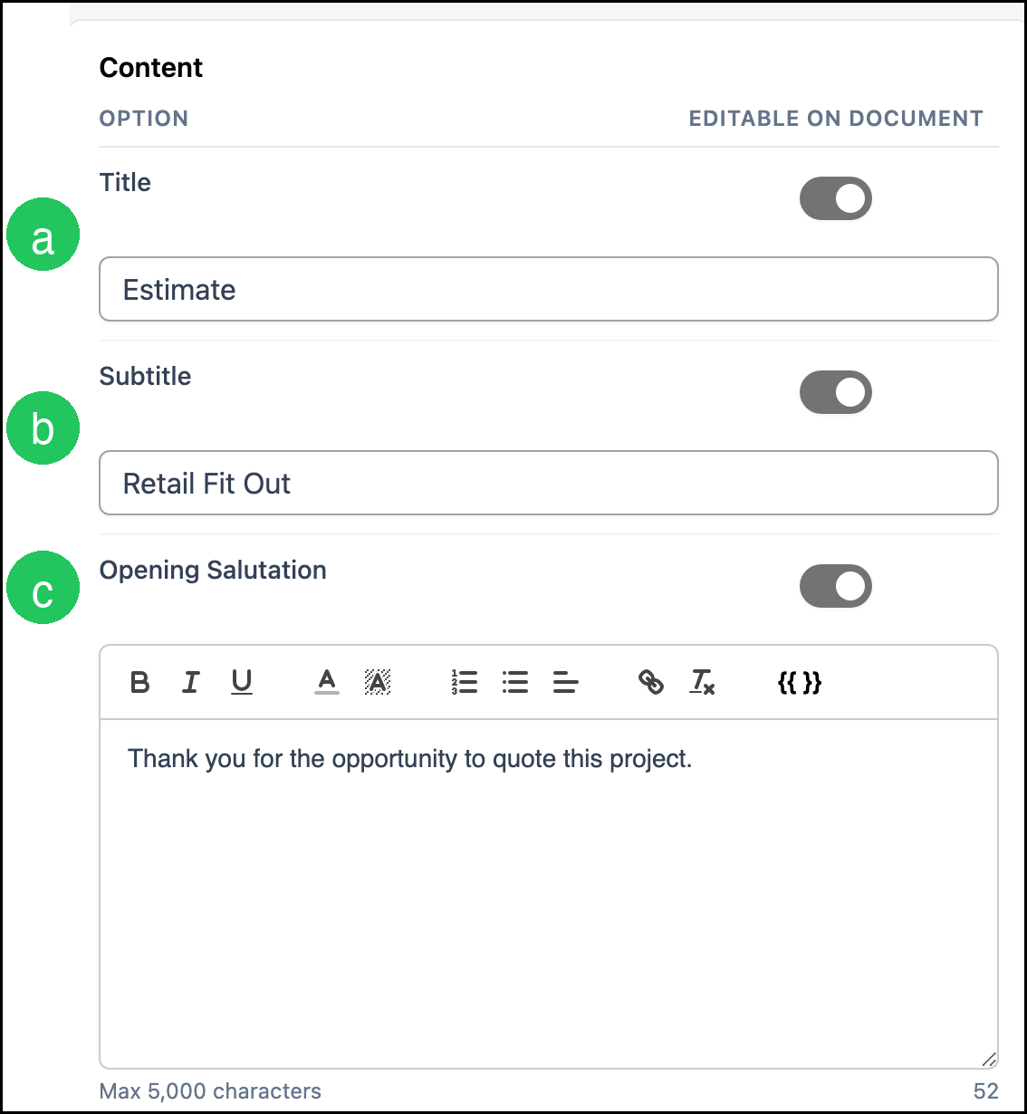 Content tab with letter badges on Title, Subtitle, and Opening Salutation