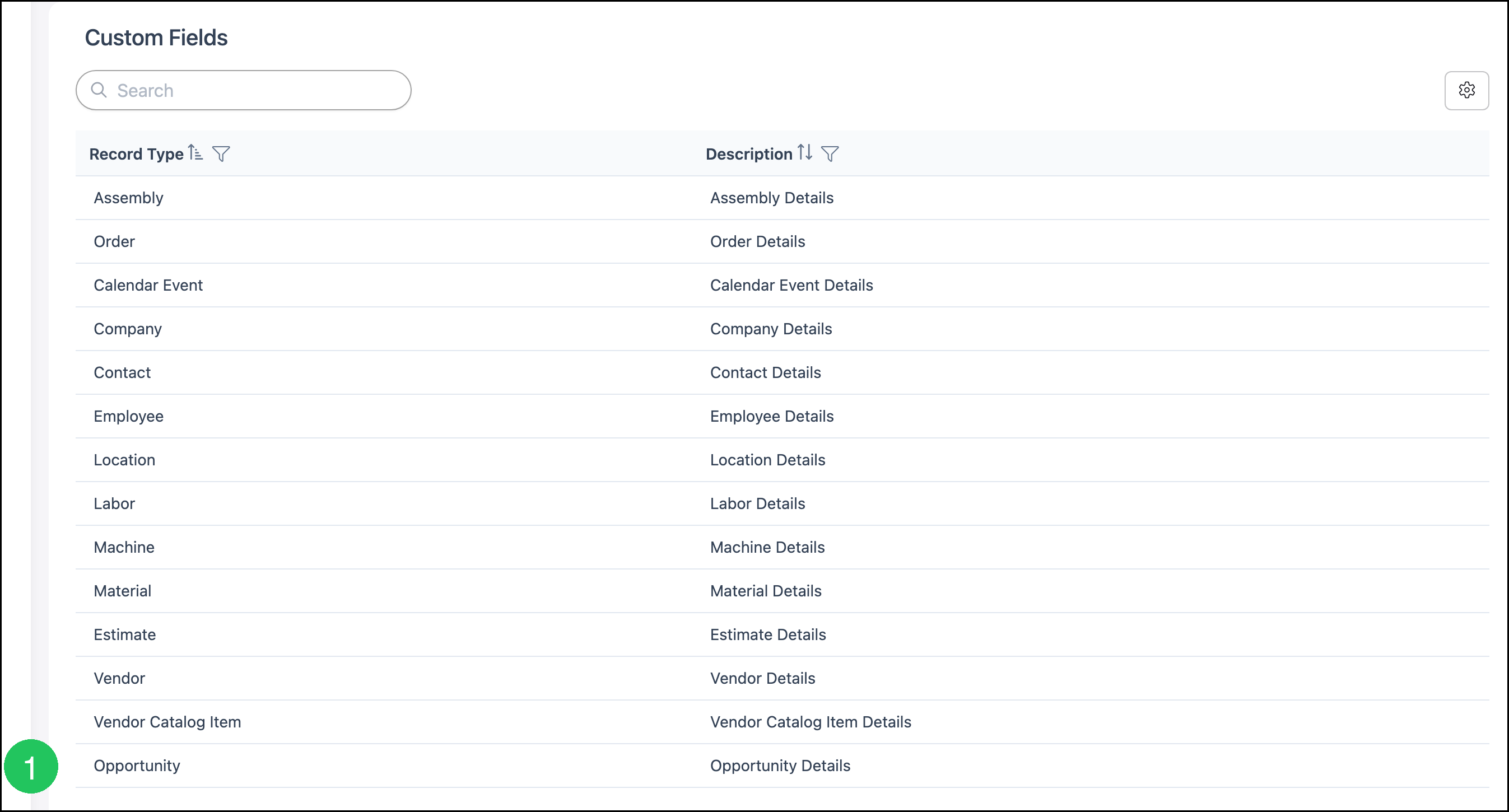 Custom Fields list with a number 1 badge on the Opportunity row