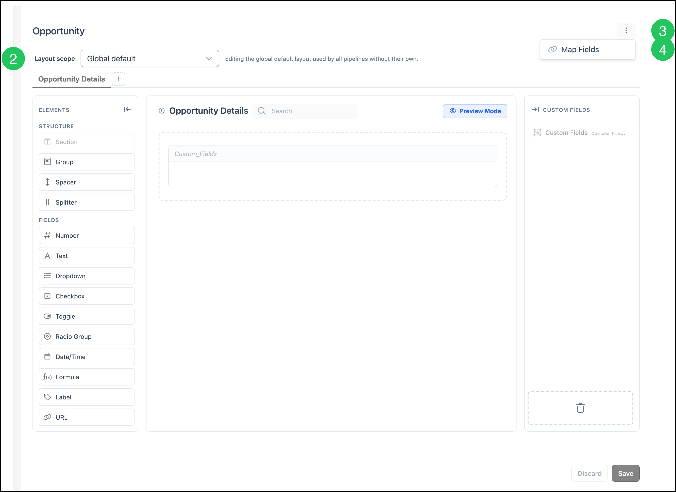 Opportunity layout with number badges on Layout scope, More Actions, and Map Fields