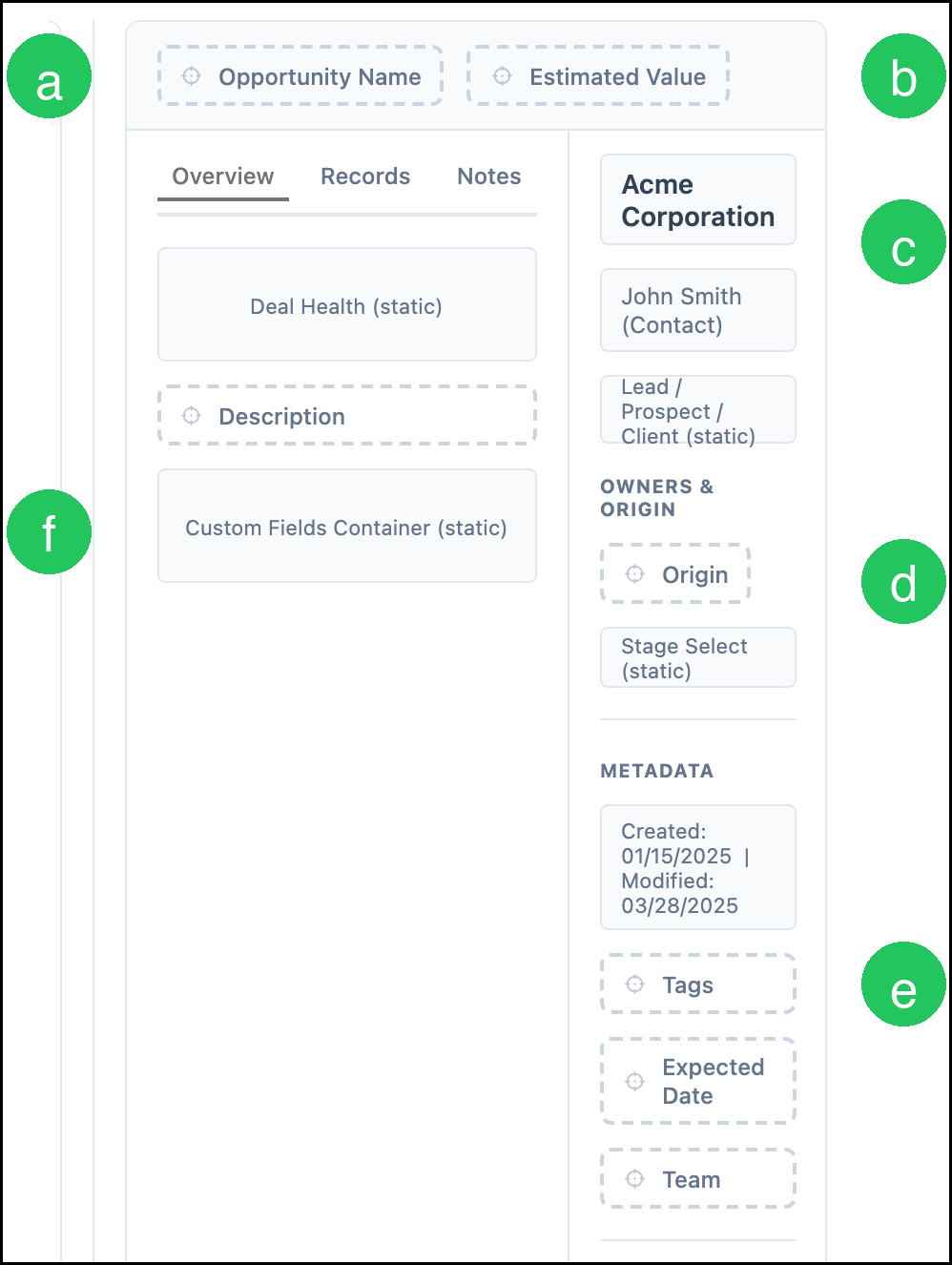 Map Fields Opportunity canvas with letter badges on system Opportunity areas