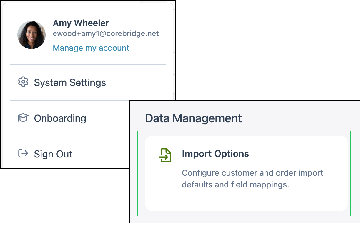 System Settings path to Import Options in the Data Management section