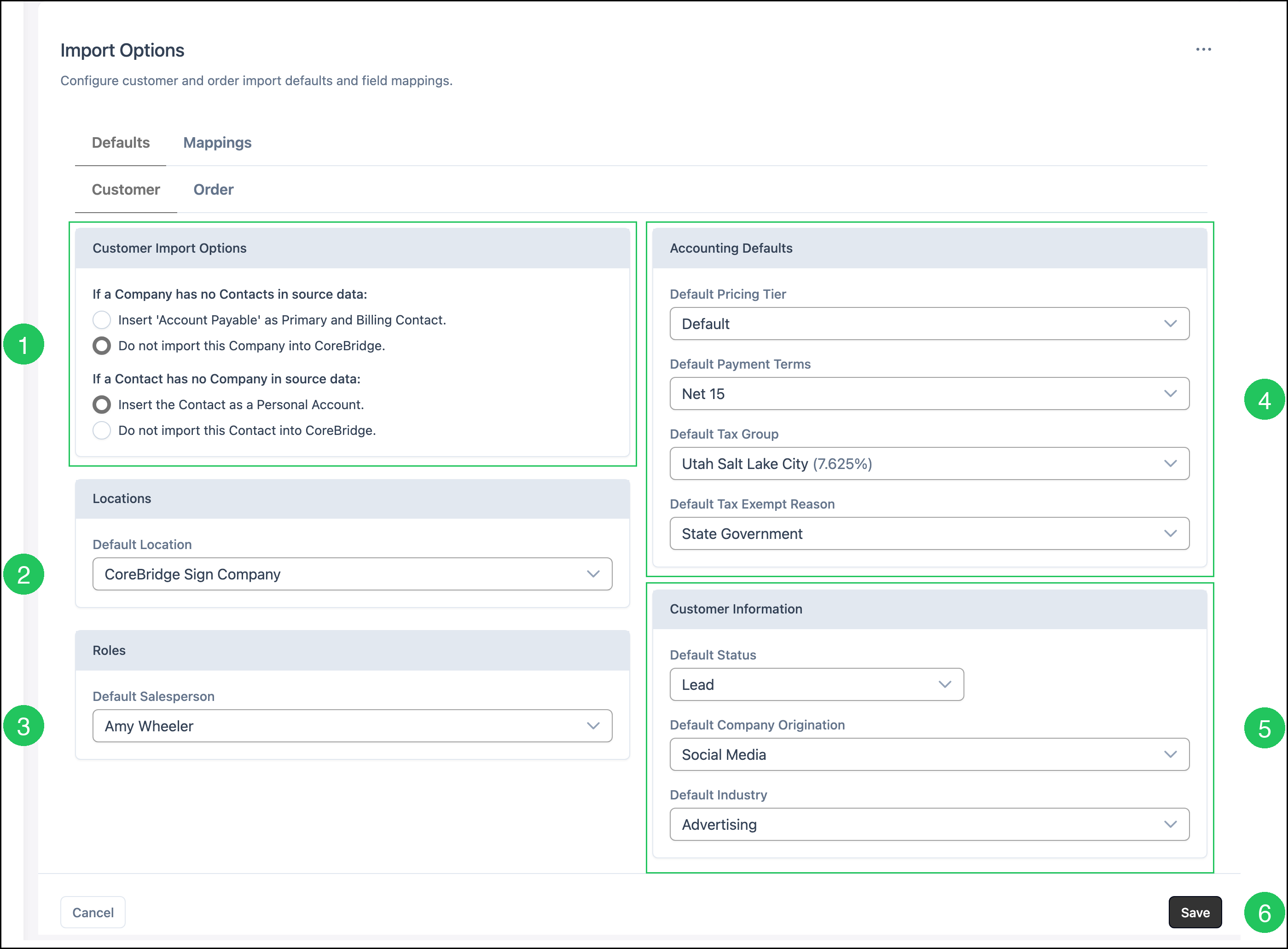Customer import defaults with number badges on import options, location, salesperson, accounting, customer information, and Save