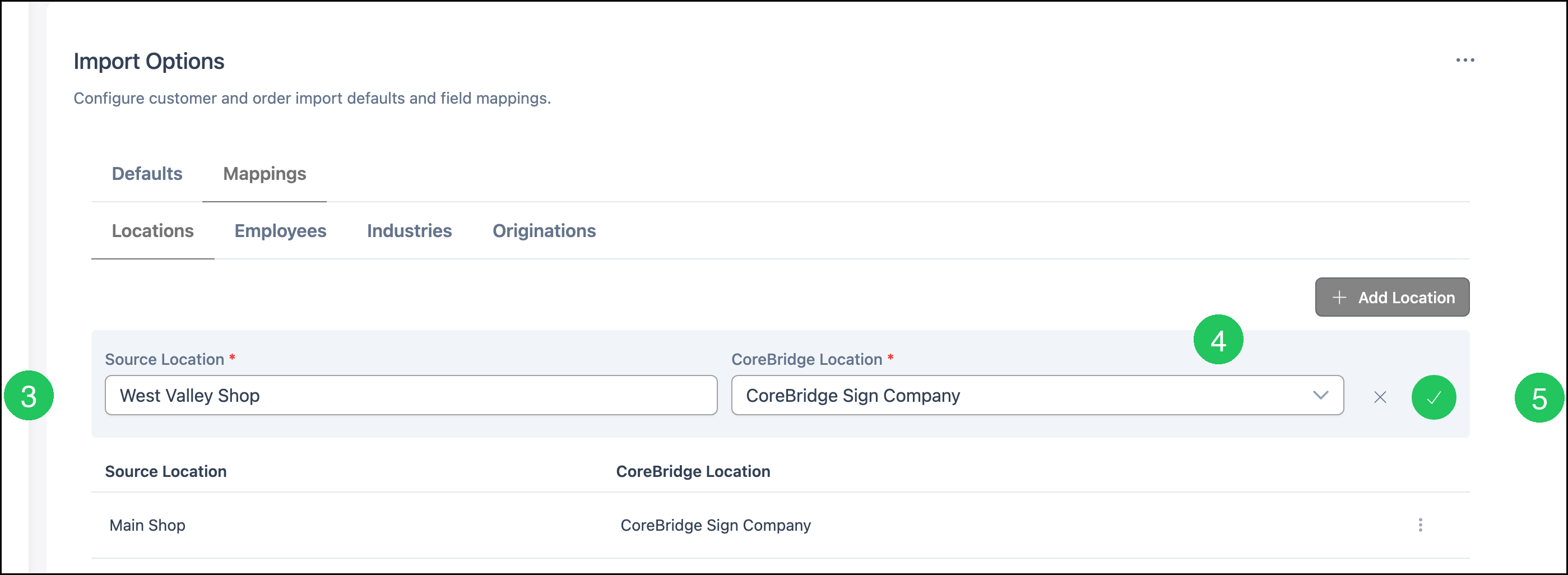 Filled Add Location row with number badges on source location, CoreBridge location, and the checkmark