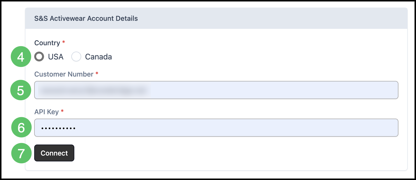 S&S Activewear Account Details Connect form