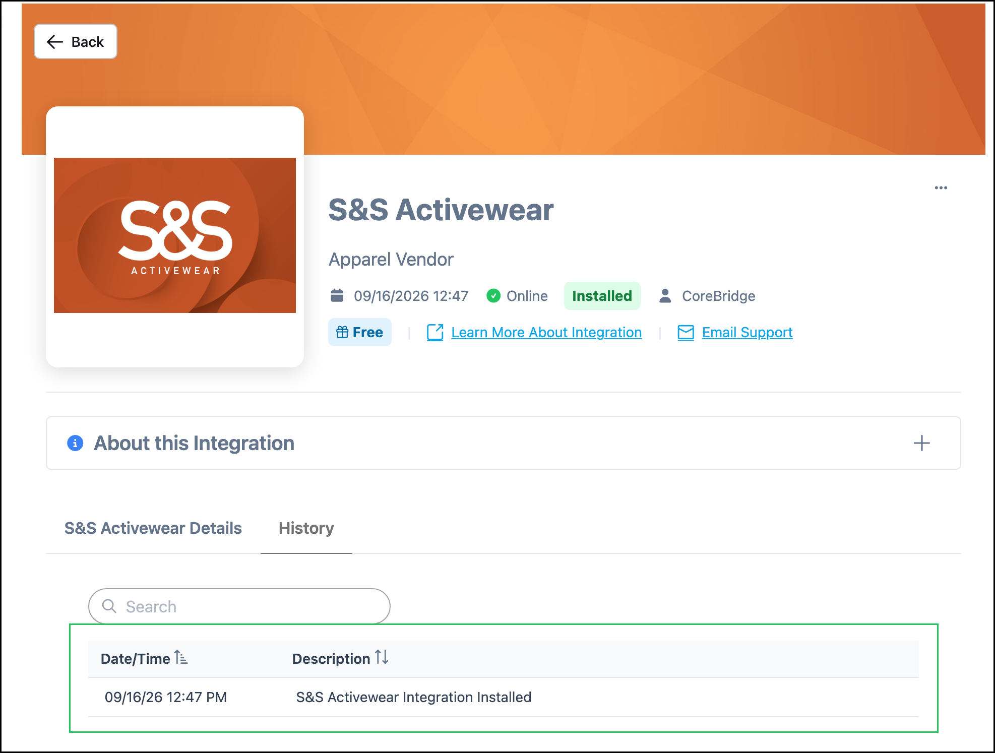 History tab on the S&S Activewear integration